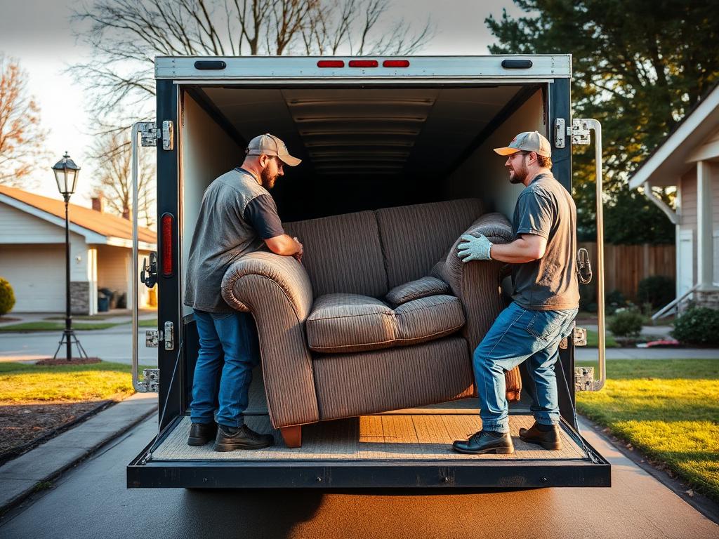 Crew loading a couch into an All-Around Junk Removal trailer in Oklahoma City